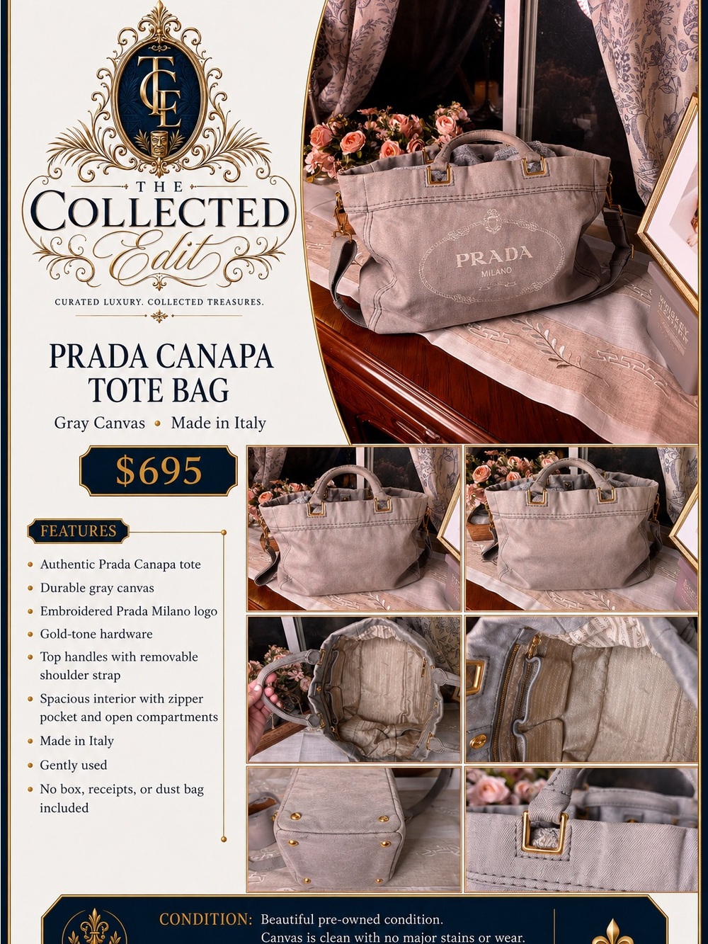 PRADA Gray Canapa Canvas Messenger Tote with Gold-Tone Hardware